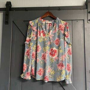 LOFT Blue Floral Ruffle Shoulder Blouse with Pink Blooms